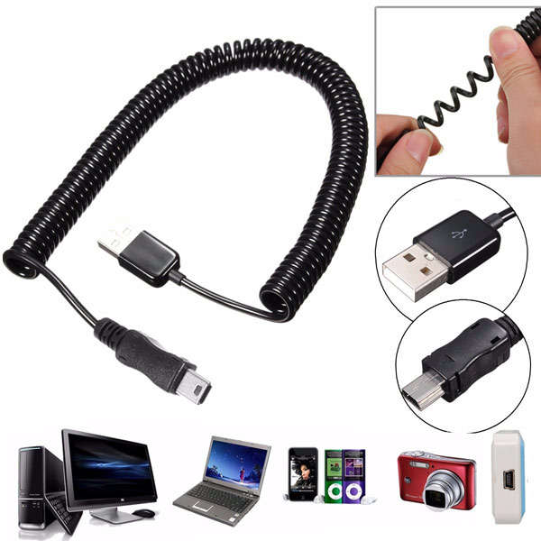10FT Spiral Coiled USB 2.0 A Male to Mini USB B Male 5Pin Data Charger Cable