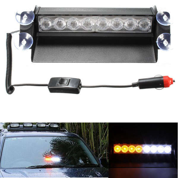 8 LED Car Strobe Flash Warning Light Emergency Sucker Windshield White&Amber