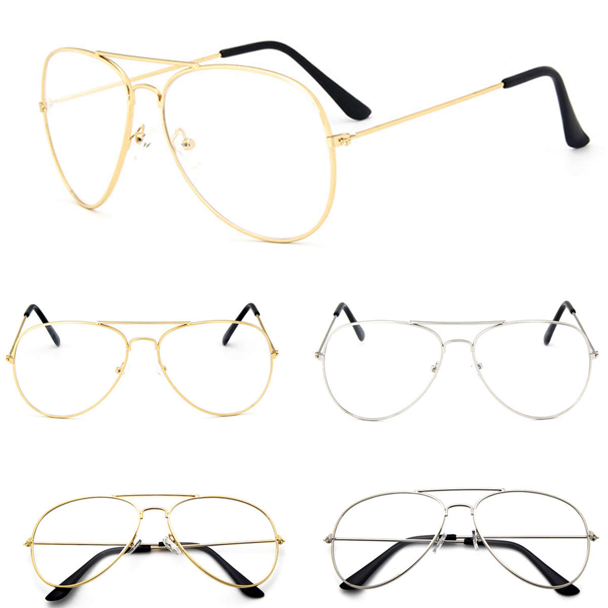 Unisex Aviator Pilot Shape Metal Frame Clear Lens Glasses