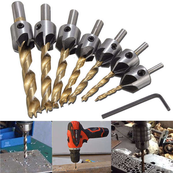 7pcs 3-10mm 5 Flute HSS Countersink Drill Bit Set Carpentry Reamer Woodworking
