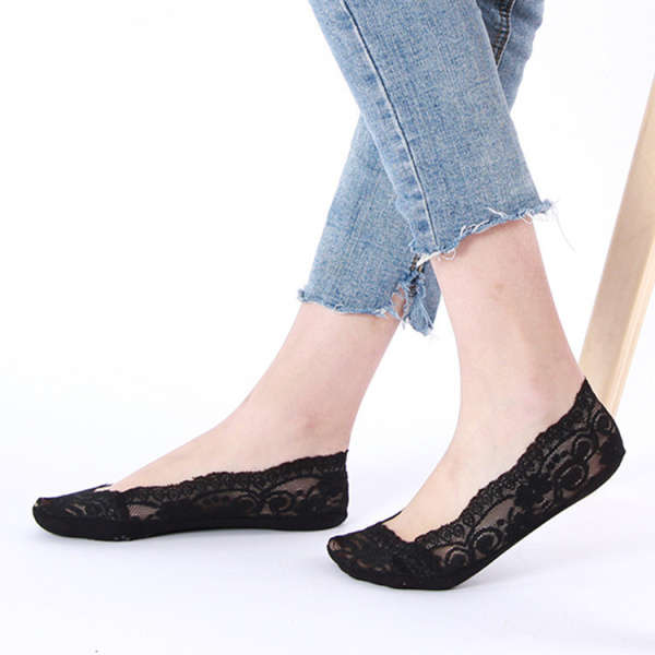 Women Breathable Lace Antiskid Silicone Invisible Boat Socks Low Cut Shallow So