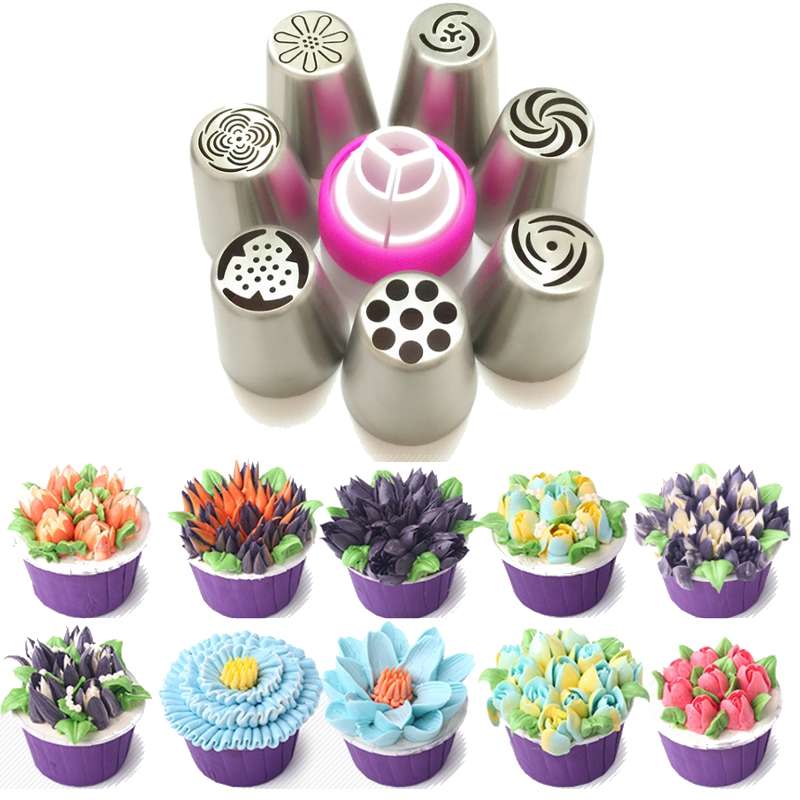 7Pcs Set Stainless Steel Russia Tulip Icing Piping Nozzle Converter Cake Decora