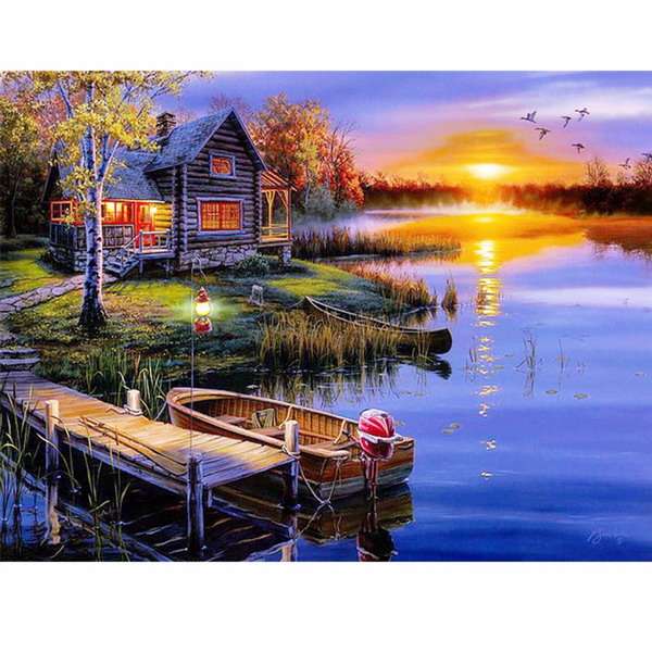 5D Diamond Painting DIY Lake&House Landscape Cross Stitch Home Decor