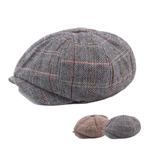Mens Grid Octagonal Beret Hats Vintage Newsboy Painter Forward Caps