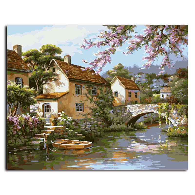 40X50CM Frameless Bridge River Home Canvas Linen Canvas Oil Painting DIY Paint