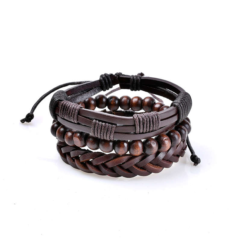3 Pcs Men's Leather Bead Braided Bracelet Multilayer Bangle Wristband Vintage M