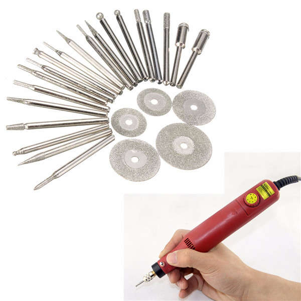 25pcs Diamond Coated Rotary Burrs and Cutting Wheel Blade Disc Set for Dremel R