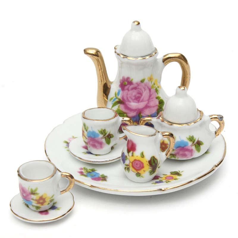 8pcs Porcelain Vintage Tea Sets Teapot Coffee Retro Floral Cups Doll House Deco