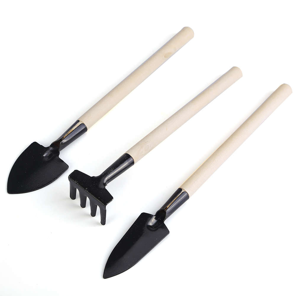 3Pcs Mini Garden Hand Tools Set Gardening Shovel Spade Rake Trowel Wood Handle