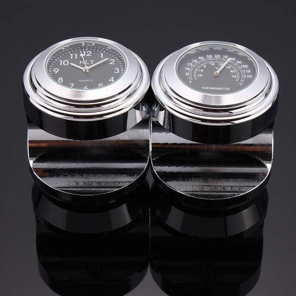 Universal Motorcycle Bike Handlebar Clock / Thermometer Black Dial  7/8'' 1''