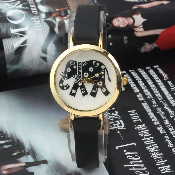 Vintage Elephant Printed Leather Band Quartz Watch
