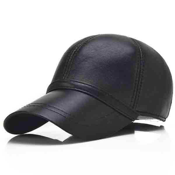 Men Genuine Sheepskin Leather Baseball Cap Solid Black Adjustable Sport Visor H