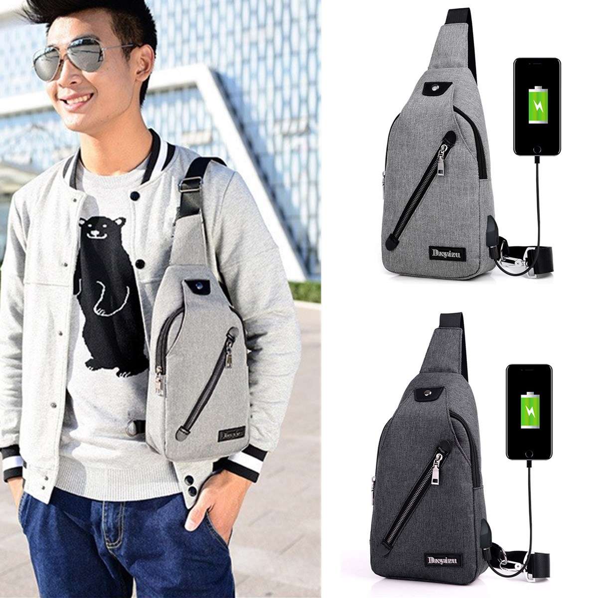 IPRee¿¿¿ USB Charging Canvas Chest Bag Travel Business Messenger Shoulder Sling