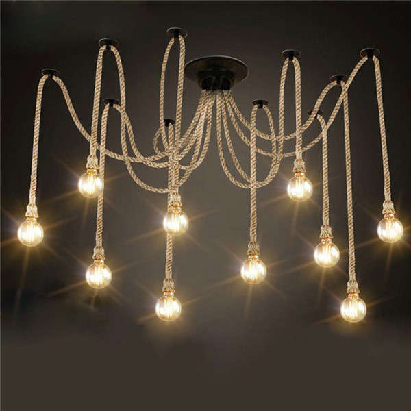 E27 12 Heads Industrial Chandeliers Pendant Lights Vintage Hemp Rope Ceiling La