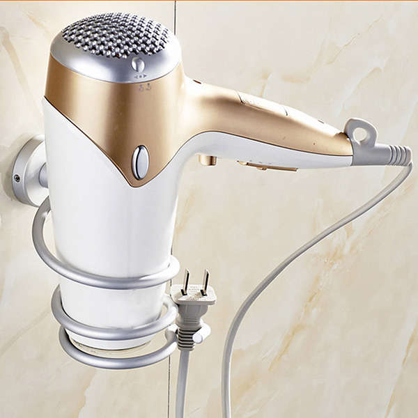 Salon Chrome Bathroom Wall Mounted Hair Dryer Holder Rack Storage Tail With Plu