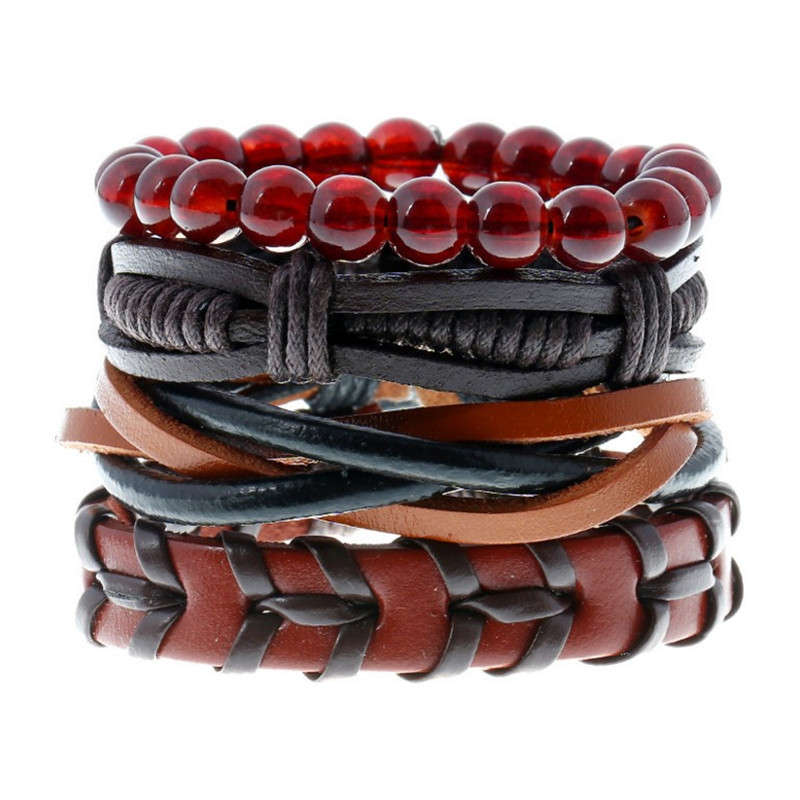 Punk Woven Cowhide Bracelet Multiplayer Men's Hemp Leather Beads Bracelets