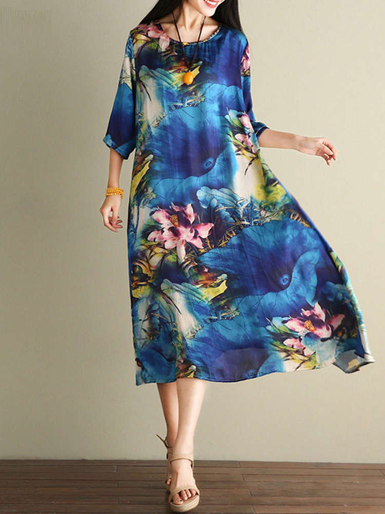 Floral Print Loose O-neck Casual Half Sleeve Women Dress