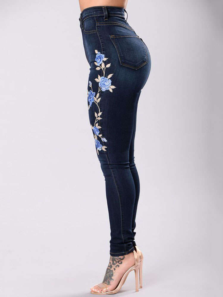 Navy Women Flower Embroidered High Waist Slim Denim Jeans