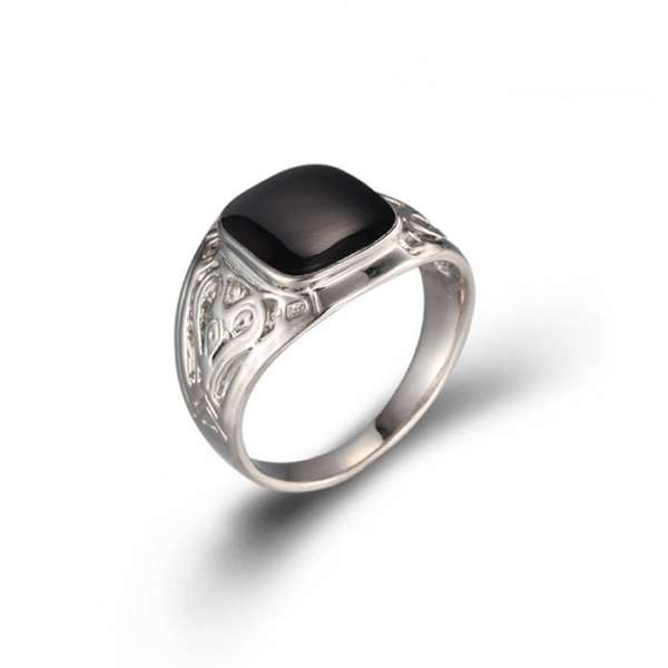 316L Stainless Steel Carved Simulated Onyx Black Glaze Band Men Ring