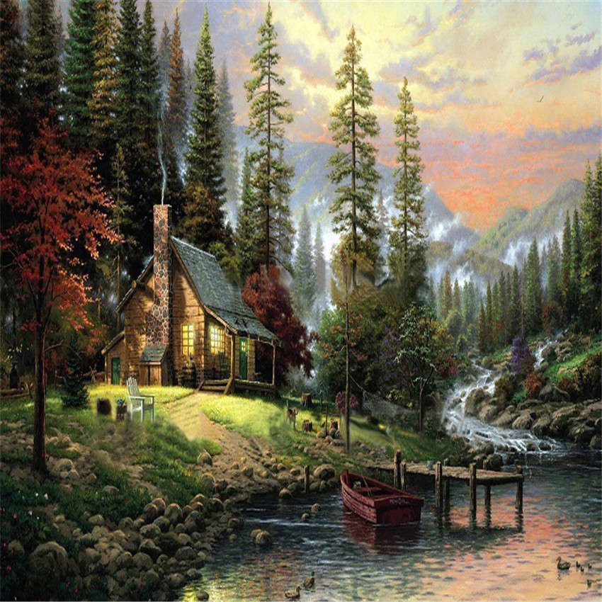 40X50CM Frameless The Cabin In The Woods Linen Canvas Oil Painting DIY Paint By