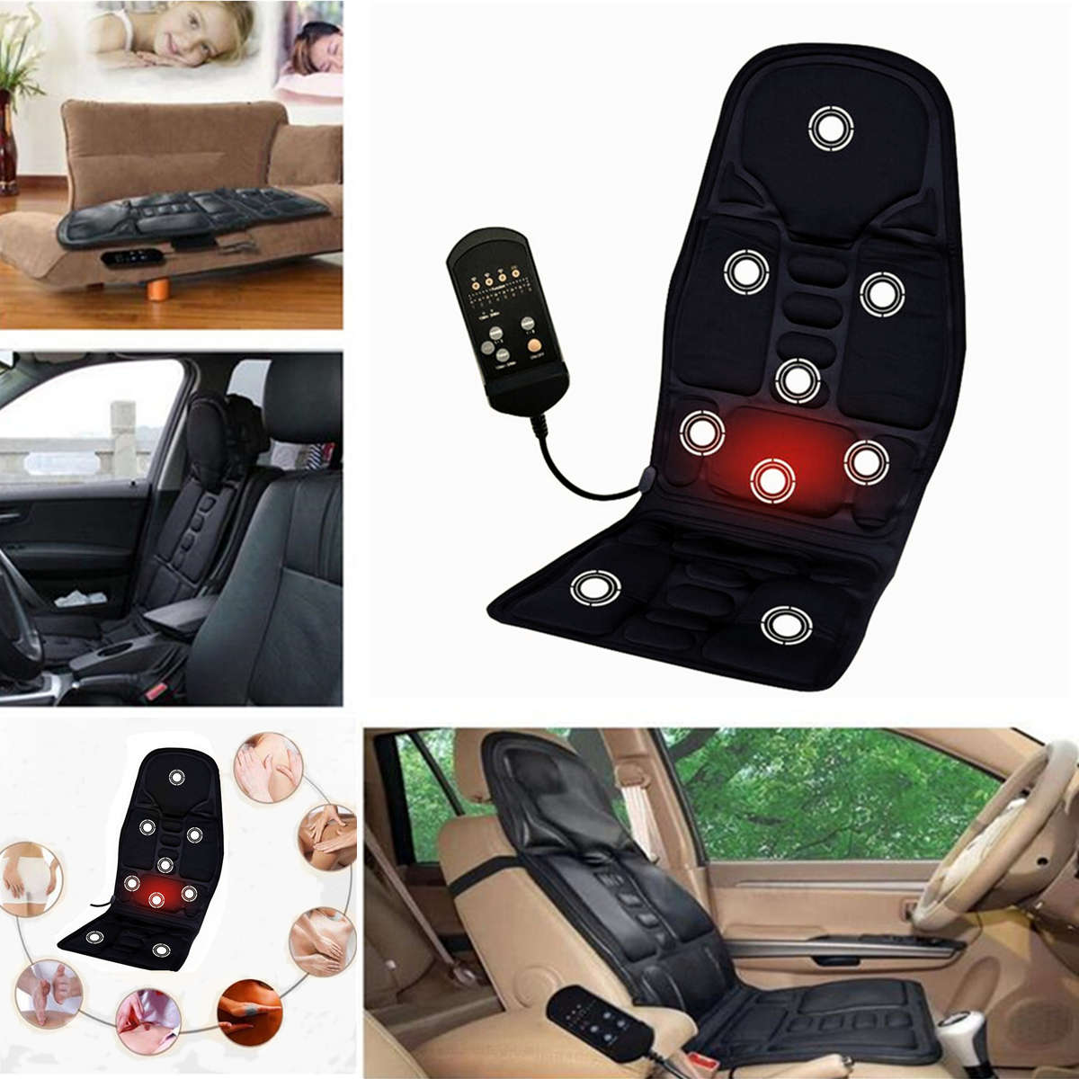 12V Car Household Heated Full Body Massage Seat Cushion Back Lumbar Pain Relief