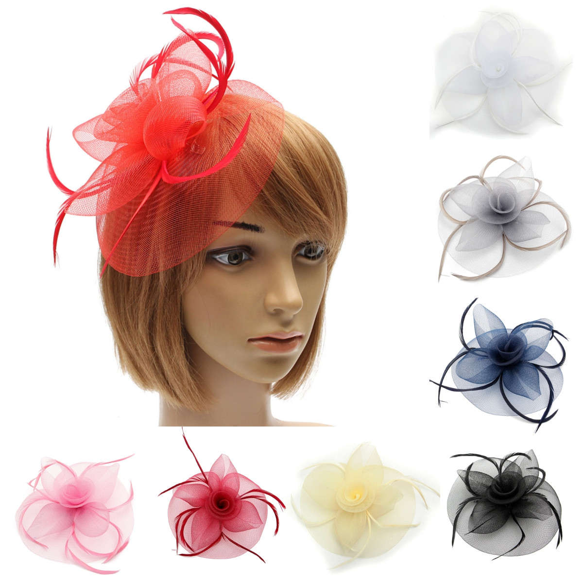 Bride Women Flower Feather Mesh Fascinator Wedding Party Headpieces