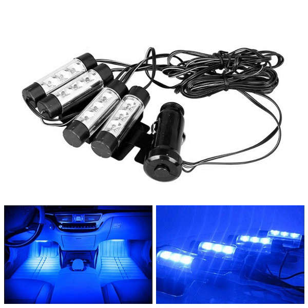 4pcs 10W LED Atmosphere Light Car Interior Feet Decoration Lamp Blue 12V Univer