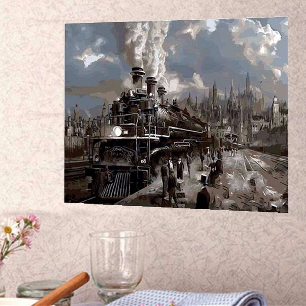 40X50CM Steam Train Painting DIY Self Handcrafted Paint Kit Wood Framed Home De