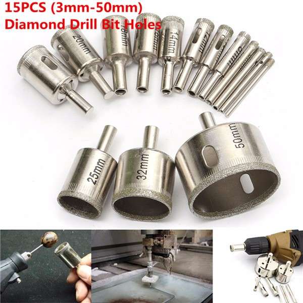 15pcs 3-50mm Diamond Drill Bit Set Hole Saw Cutter For Tile Ceramic Glass Porce