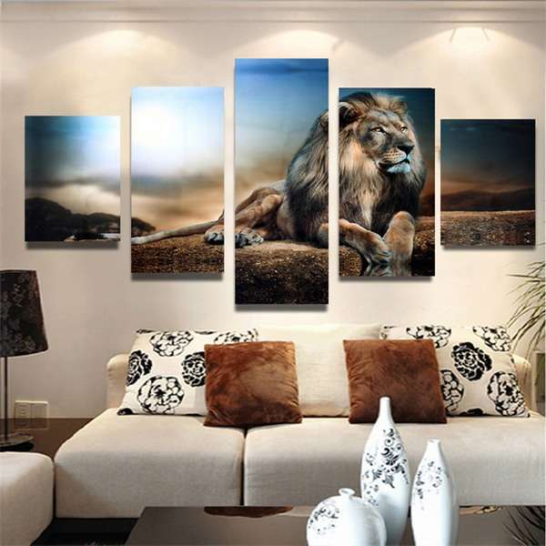 5PCS Frameless Canvas Print Sitting Lion Wall Art Painting Picture Home Decorat