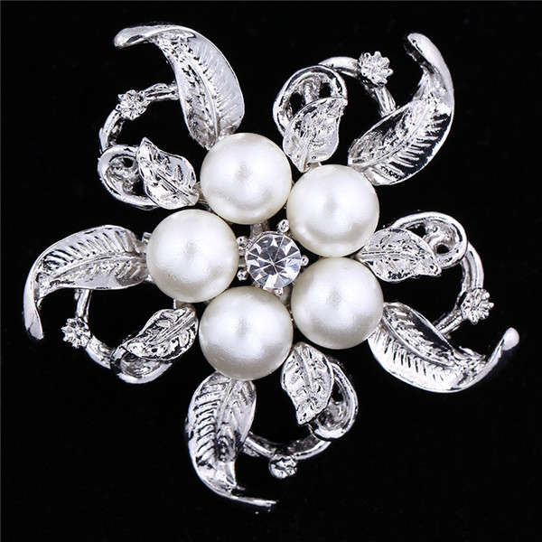 Vintage Silver Crystal Flower Pearl Wedding Bridal Brooch Pin