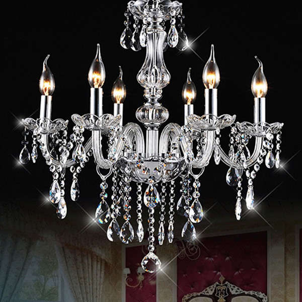 E12 6 Heads Clear Crystal Chandelier Dining Room Bedroom Ceiling Pendant Light