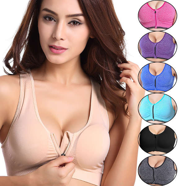 Wire Free Shakeproof Front Zipper Seamless Stretch Padded Yoga Sports Bra Crop