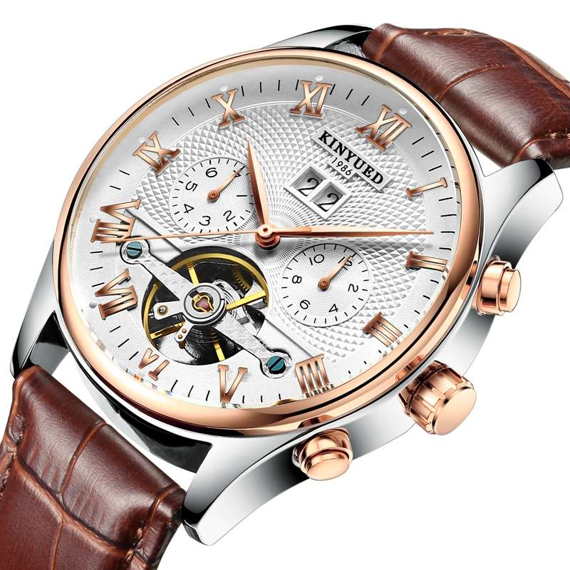 KINYUED JYD-J012 Calendar Automatic Mechanical Watch Roman Numeral Leather Stra