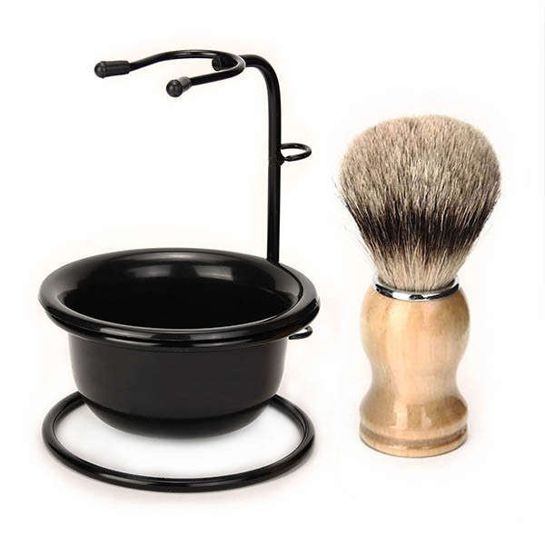 3 in 1 Men's Shaving Set Drip Brush Stand + Badger Hair Brush + Plastic Bowl Mug