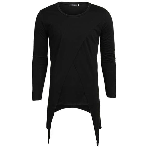 Fashion Mens Hip-Hop Irregular Hem Tops Long Sleeve Casual Cotton Black T-shirt