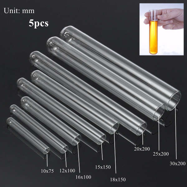 5Pcs Transparent Lab Borosilicate Glass Test Tube in Diffrent Size for Laborato
