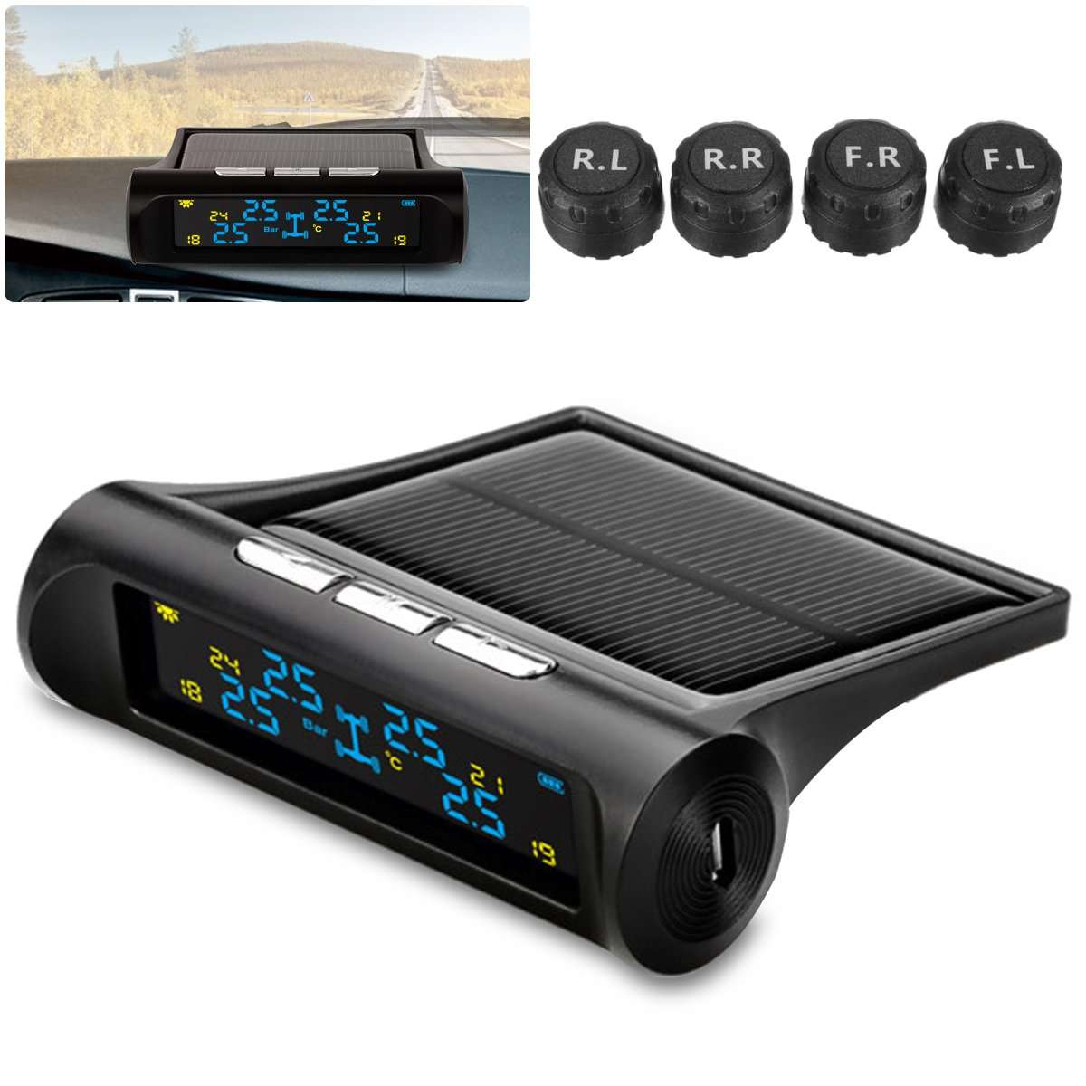 Solar TPMS Wireless LCD Car Tyre Tire Pressure Monitor System 4 Waterproof Sens