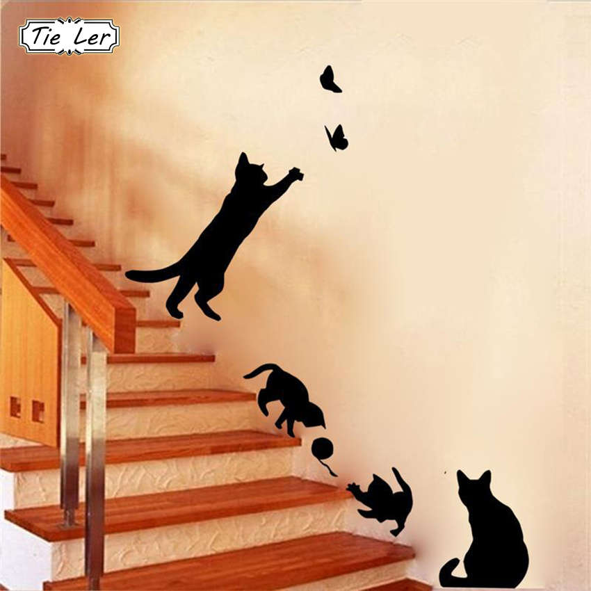 Cat play Butterflies Wall Sticker Removable Decoration Decals for Bedroom Kitch