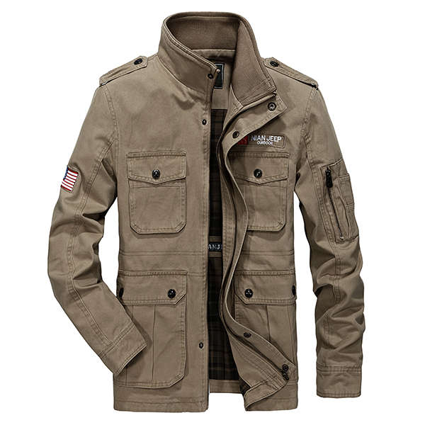 NIANJEEP Mens Casual Outdoor Multi Pockets Epaulets Decoration Stand Collar Cot