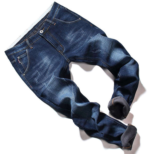 Mens Thick Warm Winter Denim Pants Business Casual Straight Legs Jeans