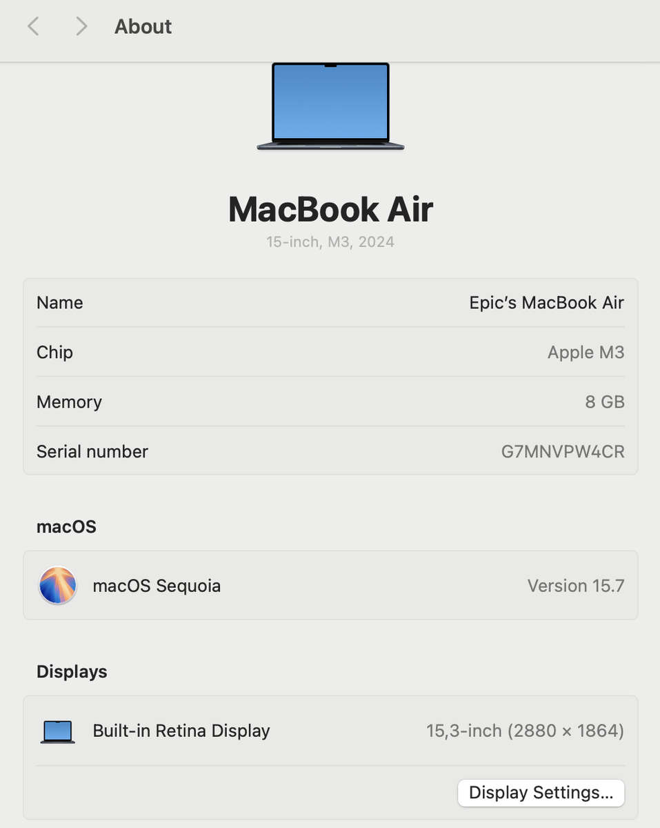 Apple Macbook Air "M3" 15-inch 8 CPU/10 GPU 8GB RAM 256GB SSD Midnight (Condition: Good)