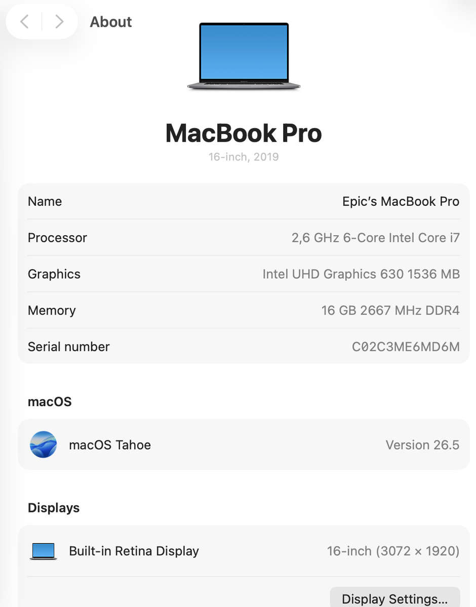 Apple MacBook Pro 16-Inch Core i7 2.6 GHz (TouchBar, 2019) 16GB RAM 512GB SSD Space Gray (C...