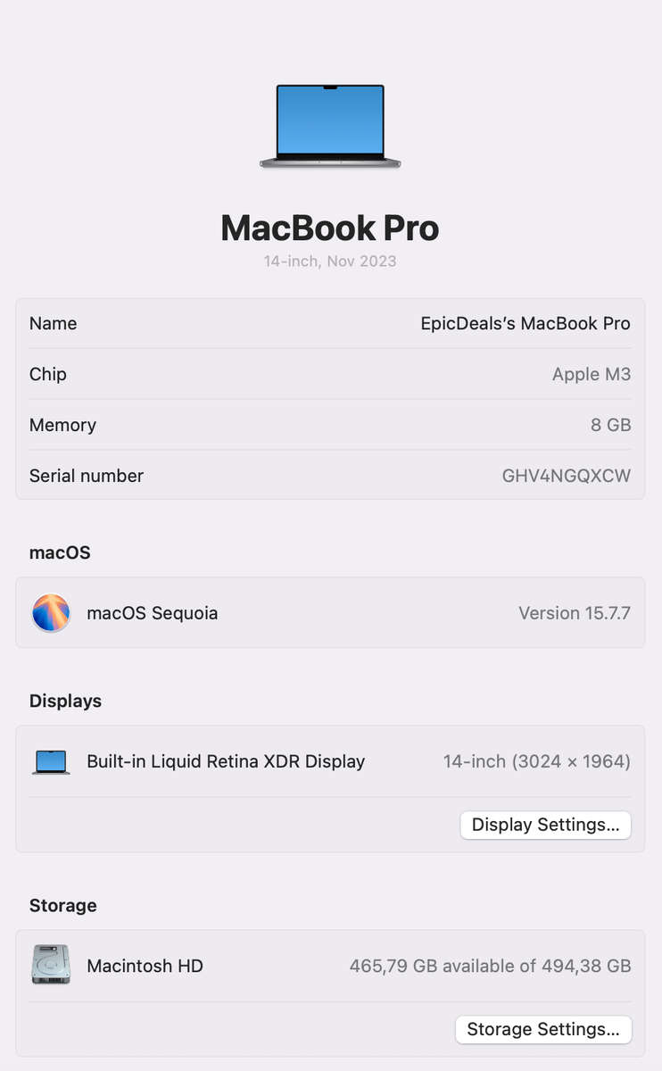 Apple MacBook Pro 14-inch "M3" 8 CPU/ 10 GPU (2023) 8GB RAM  512GB SSD Space Gray (Condition: Good)