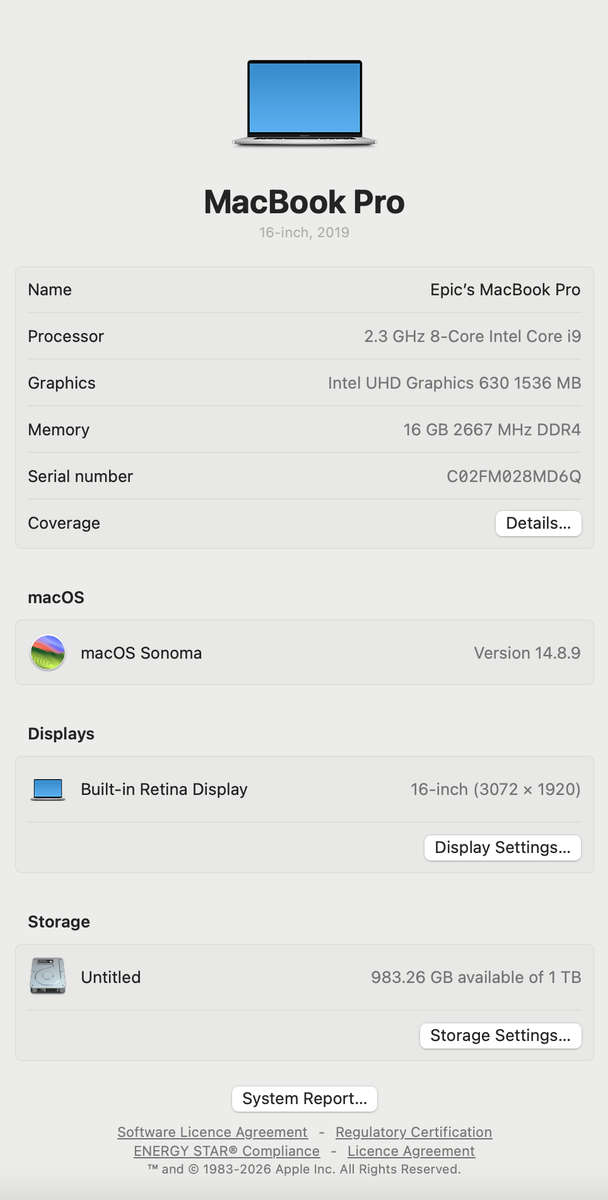 Apple MacBook Pro 16-inch "Core i9" (Touchbar/2019) 2.3GHz 16GB RAM 1TB SSD Silver (Condition: Good)