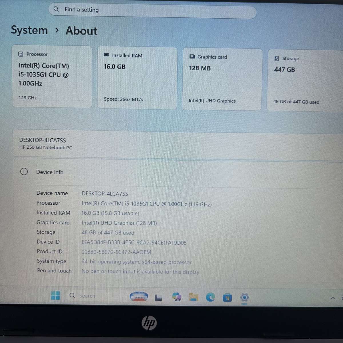 HP 250 G8 10th Gen Core i5 1.19GHz 16GB RAM 512GB SSD Asteroid Silver (Condition: Good)