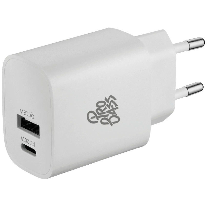 Pro Bass Rapidcharge Series 20w+18w Dual USB and Type-C Wall Charger - White