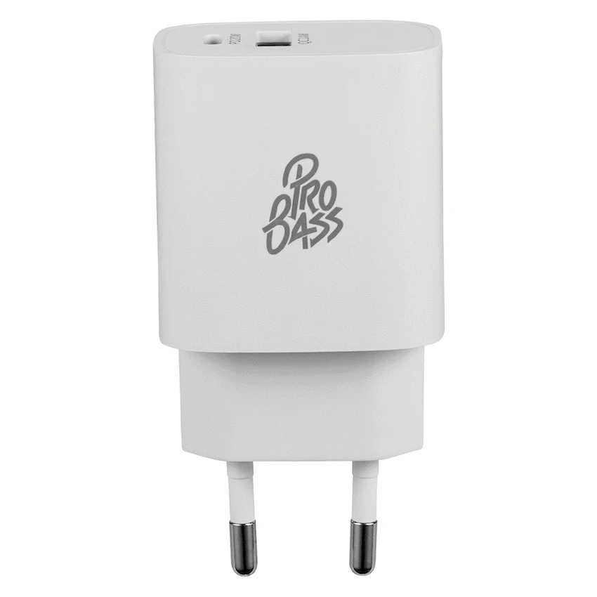 Pro Bass Rapidcharge Series 20w+18w Dual USB and Type-C Wall Charger - White