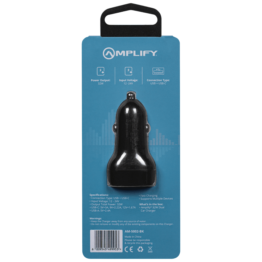 Amplify Volto Series Dual Car Charger 32W (Type-C + USB) - Black
