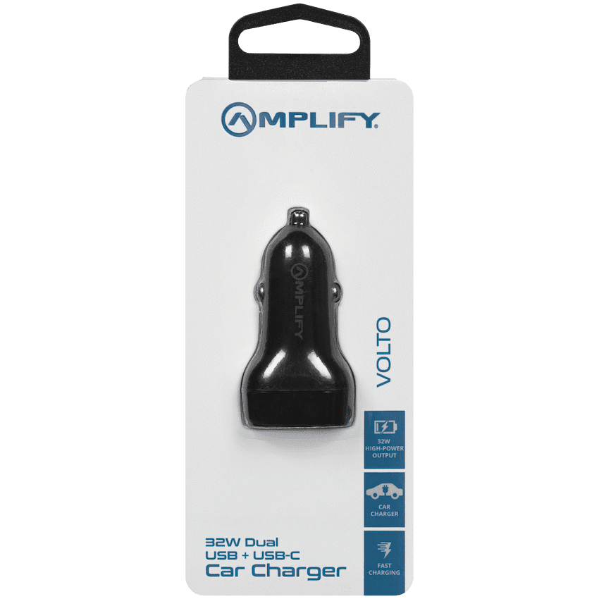 Amplify Volto Series Dual Car Charger 32W (Type-C + USB) - Black